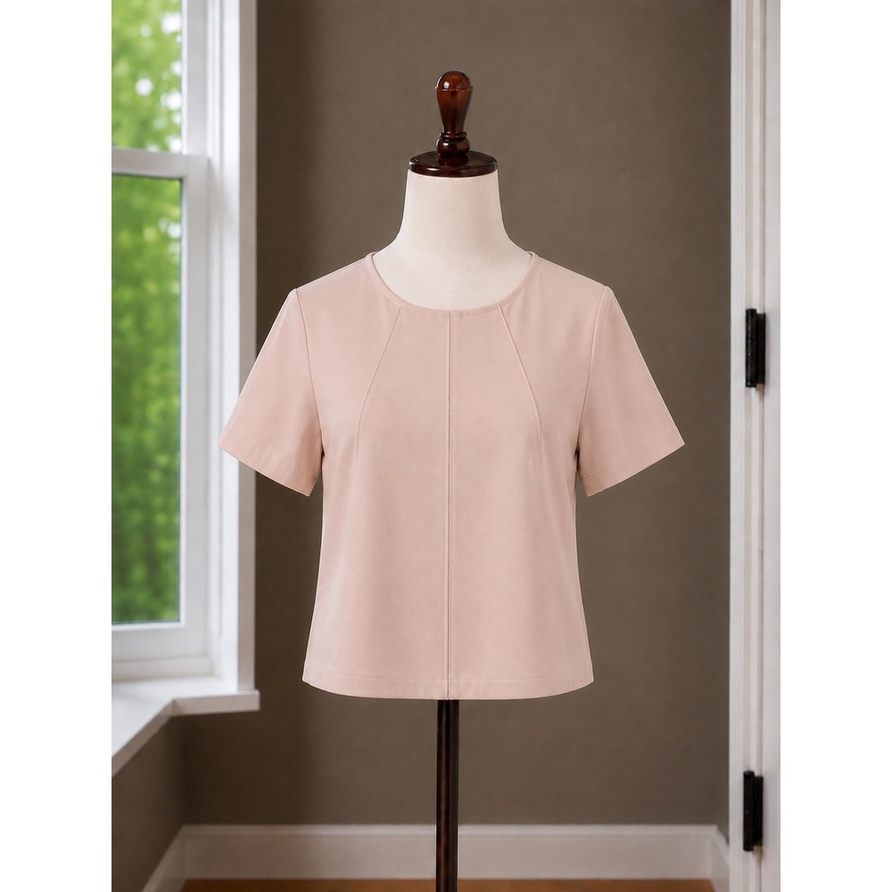 Spanx AirEssentials Short Sleeve Top ZipUp Back Pink Seamed Blouse Medium